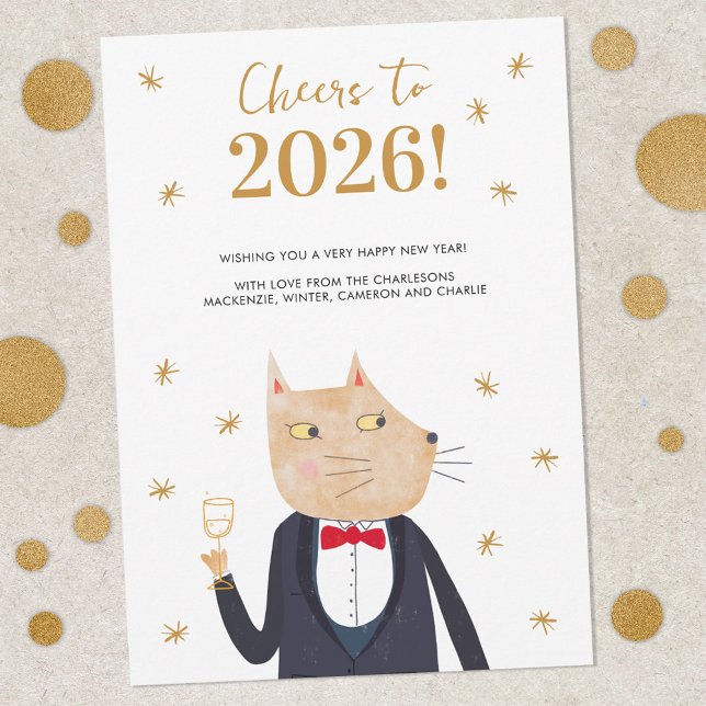 Cat Cheers to 2026 Personalized New Year Card (Cheers to 2026 personalized New Year greetings card featuring a suave and sophisticated cat in suit)