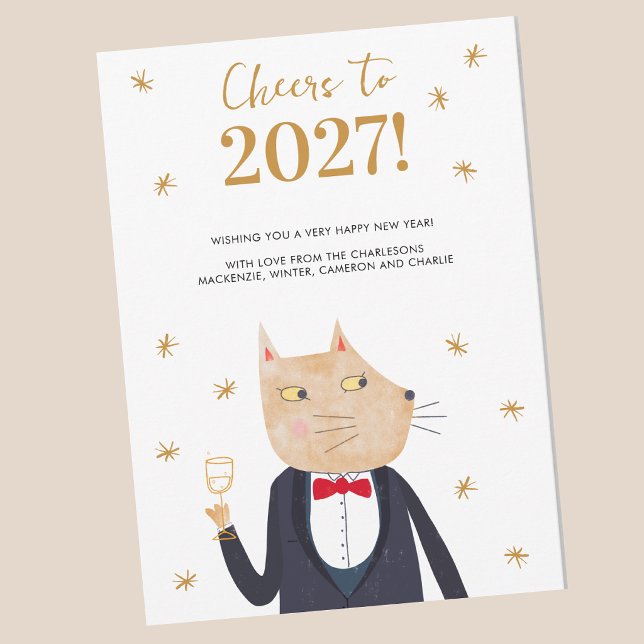 Cat Cheers to 2027 Personalised New Year Card (Cheers to 2027 personalized New Year greetings card featuring a suave and sophisticated cat in suit)
