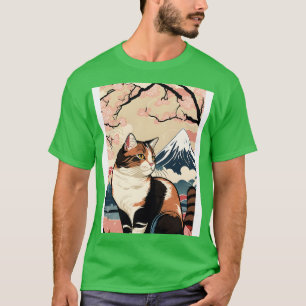 Cat Cherry Blossom Mount Fuji in a Vintage Japanes T-Shirt
