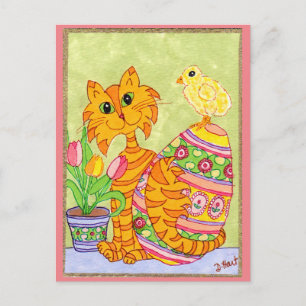 Cat & Chick with Egg & Tulips Folk Art Easter Holiday Postcard