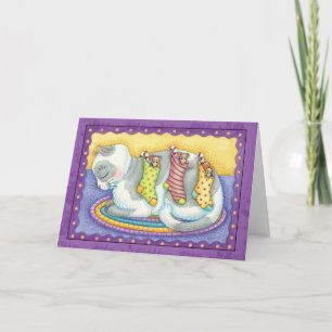 Cat Christmas Card With Little Mice In Stockings