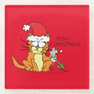 Cat  Christmas Funny Cartoon Cute Mouse Glass Coaster