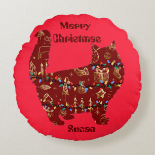 cat christmas gift, customize personalized name round cushion