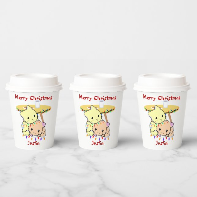 Cat christmas gift, personalised name  paper cups (Multi)