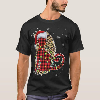 Cat Christmas Leopard Buffalo Plaid Red Santa Hat  T-Shirt