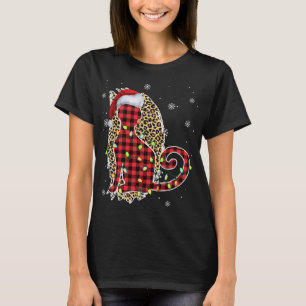 Cat Christmas Leopard Buffalo Plaid Red Santa Hat T-Shirt