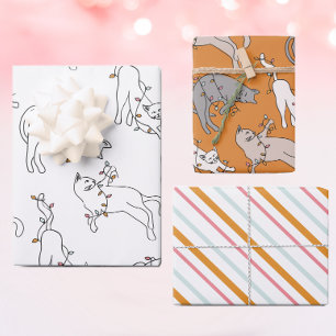 Cat Christmas Light Pink Wrapping Paper Sheet