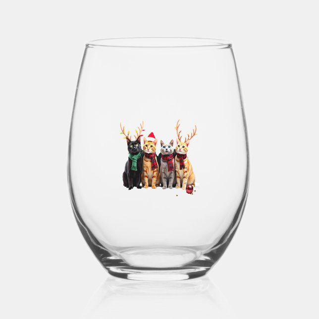 Cat Christmas Light Reindeer Santa Christmas Cat L Stemless Wine Glass (Front)