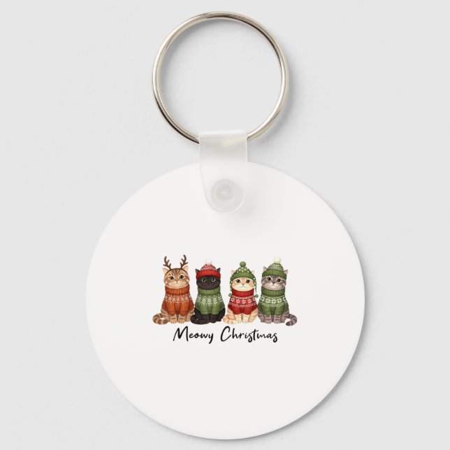 Cat Christmas Light Reindeer Santa Meowy Christmas Key Ring (Front)