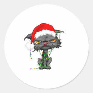 Cat Christmas Lights Bored Cat Santa Hat Funny Cat Classic Round Sticker
