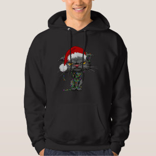 Cat Christmas Lights Bored Cat Santa Hat Funny Cat Hoodie