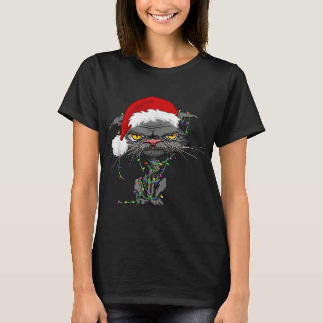 Cat Christmas Lights Bored Cat Santa Hat Funny Cat T-Shirt (Front)