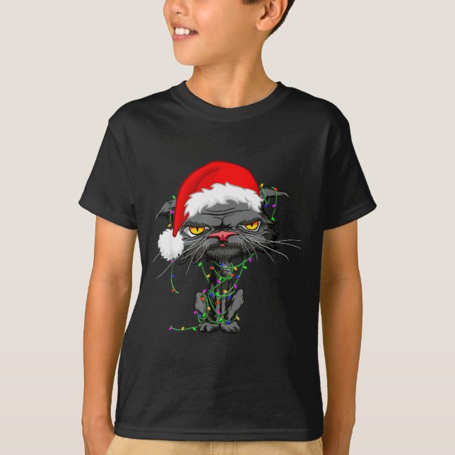 Cat Christmas Lights Bored Cat Santa Hat Funny Cat T-Shirt (Front)