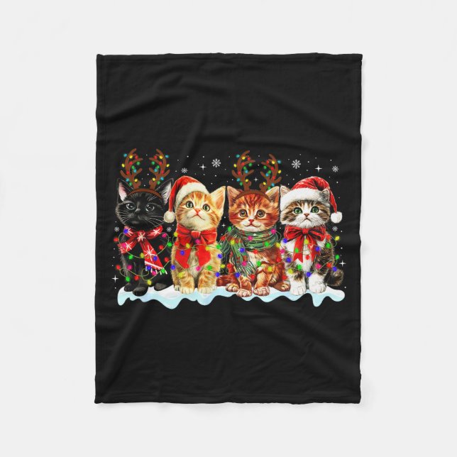 Cat Christmas Lights Reindeer Santa Cat Lover Xmas Fleece Blanket (Front)