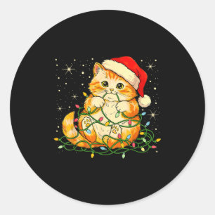 Cat Christmas Lights Santa Hat Xmas Cats Lover Pet Classic Round Sticker