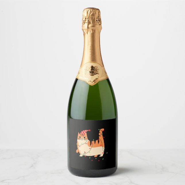 Cat Christmas lights Sparkling Wine Label (Front)