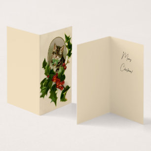 Cat Christmas Merry Holly Kitten Antique Art