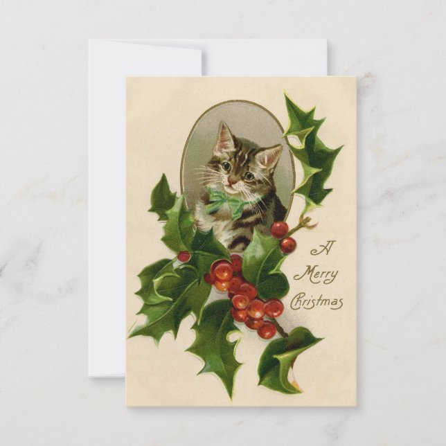 Cat Christmas Merry Holly Kitten Antique Art (Front)