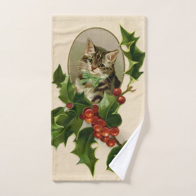 Cat Christmas Merry Holly Kitten Antique Art Bath Towel Set (Hand Towel)