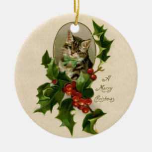 Cat Christmas Merry Holly Kitten Antique Art Ceramic Tree Decoration