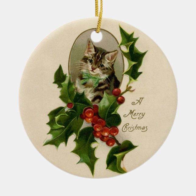 Cat Christmas Merry Holly Kitten Antique Art Ceramic Tree Decoration (Front)