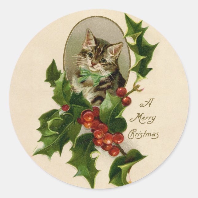 Cat Christmas Merry Holly Kitten Antique Art Classic Round Sticker (Front)