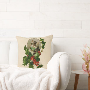Cat Christmas Merry Holly Kitten Antique Art Cushion