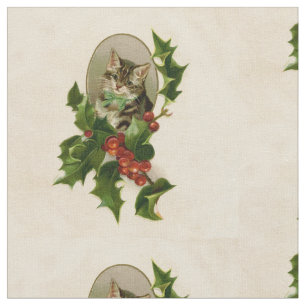 Cat Christmas Merry Holly Kitten Antique Art Fabric