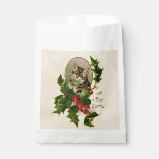 Cat Christmas Merry Holly Kitten Antique Art Favour Bags (Front)