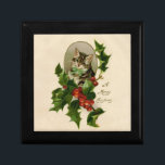Cat Christmas Merry Holly Kitten Antique Art Gift Box<br><div class="desc">A very merry kitty Christmas! This sweet little cat is from the 1800s,  and is looking out through a spray of festive Christmas holly leaves.</div>