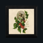 Cat Christmas Merry Holly Kitten Antique Art Gift Box<br><div class="desc">A very merry kitty Christmas! This sweet little cat is from the 1800s,  and is looking out through a spray of festive Christmas holly leaves.</div>