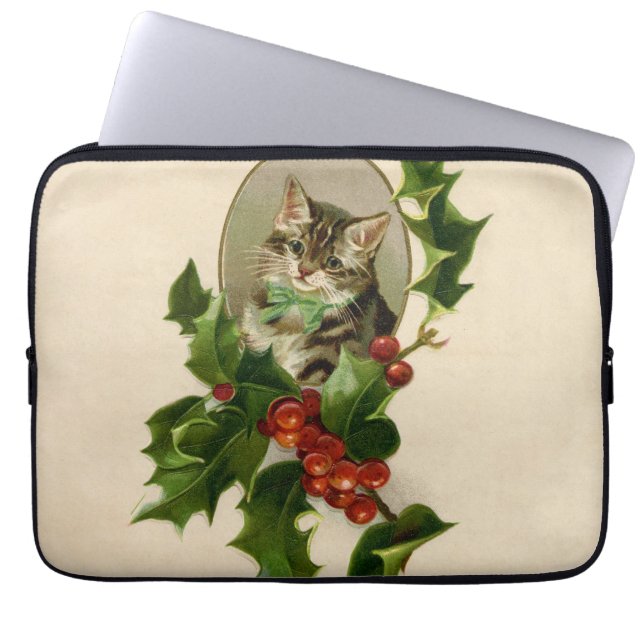 Cat Christmas Merry Holly Kitten Antique Art Laptop Sleeve (Front)
