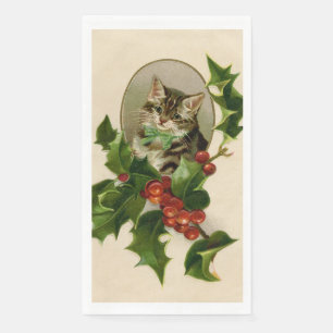 Cat Christmas Merry Holly Kitten Antique Art Napkin
