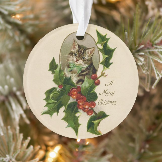 Cat Christmas Merry Holly Kitten Antique Art Ornament (Tree)