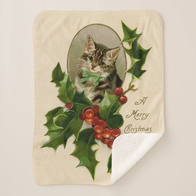 Cat Christmas Merry Holly Kitten Antique Art Sherpa Blanket (Front)