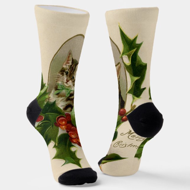 Cat Christmas Merry Holly Kitten Antique Art Socks (Angled)