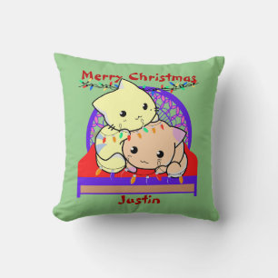 Cat christmas on bed, personalized name cushion