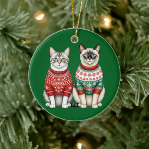 Cat Christmas Ornament, Tabby and Siamese Cats Ceramic Tree Decoration