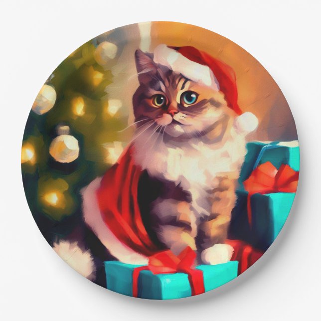 Cat christmas painted paper plate (Front)