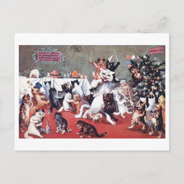 Cat Christmas Party with Kittens, Louis Wain Postc Postcard (Front)