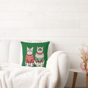 Cat Christmas Pillow, Tabby and Siamese Cats Cushion
