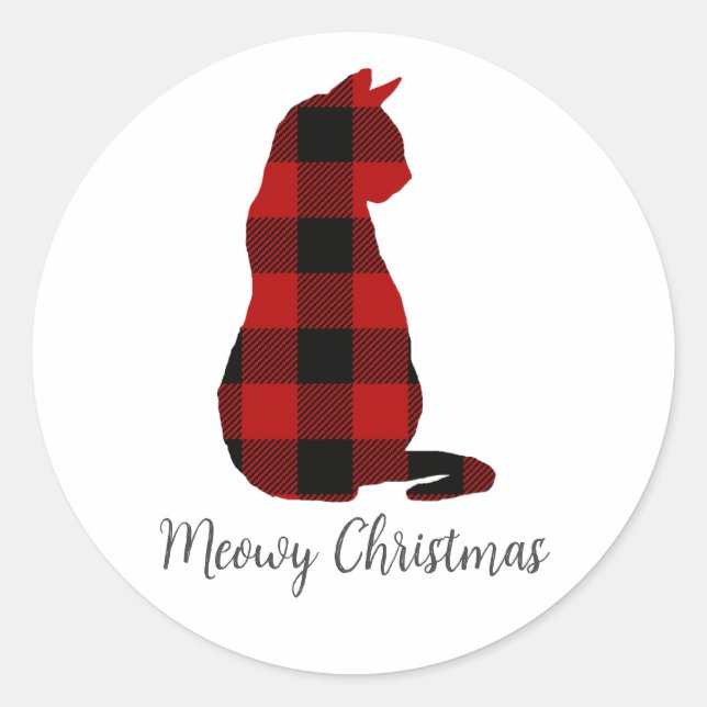 Cat Christmas Plaid Festive Classic Round Sticker (Front)