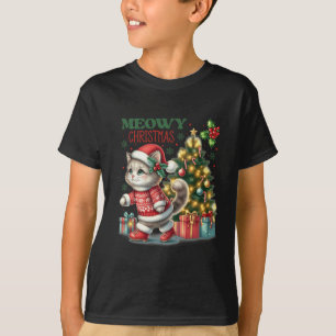 Cat Christmas Santa Hat And Tree Funny Meowy Cats  T-Shirt