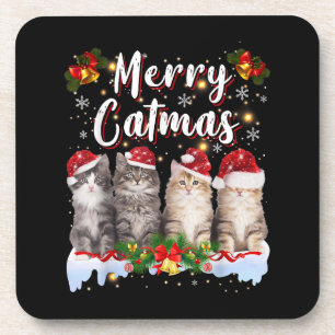 Cat Christmas Santa Hat Funny Merry Catmas Coaster