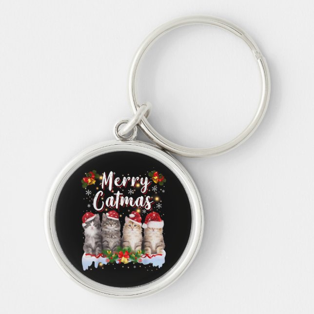 Cat Christmas Santa Hat Funny Merry Catmas Key Ring (Front)