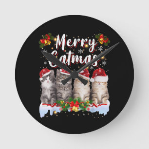 Cat Christmas Santa Hat Funny Merry Catmas Round Clock