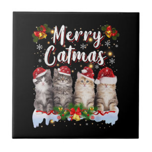 Cat Christmas Santa Hat Funny Merry Catmas Tile