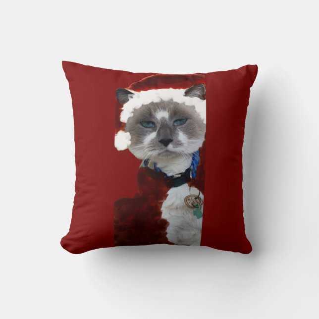 Cat Christmas Santa Maureen Girard Blue Eyes Cushion (Front)