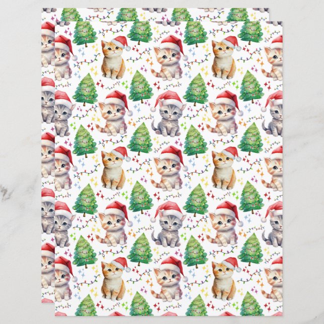Cat Christmas Scrapbook Paper in White (Front/Back)