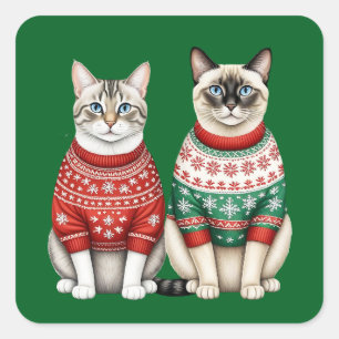 Cat Christmas Stickers, Tabby and Siamese Cats Square Sticker
